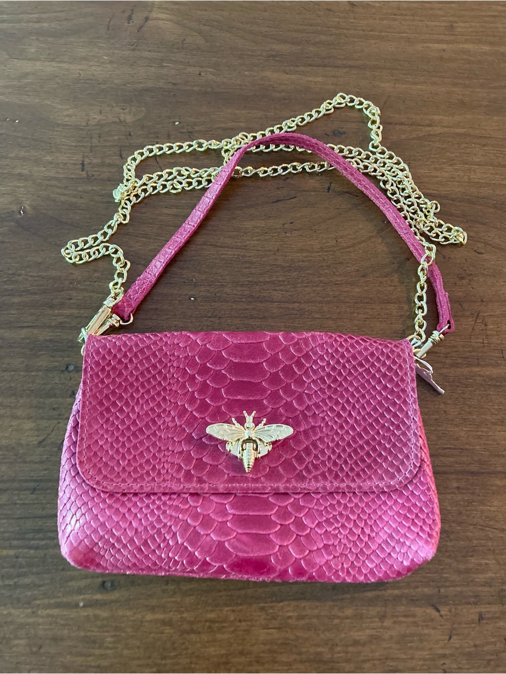 Leather Italian Pink Textured Crossbody Bag with Gold Bee Accent